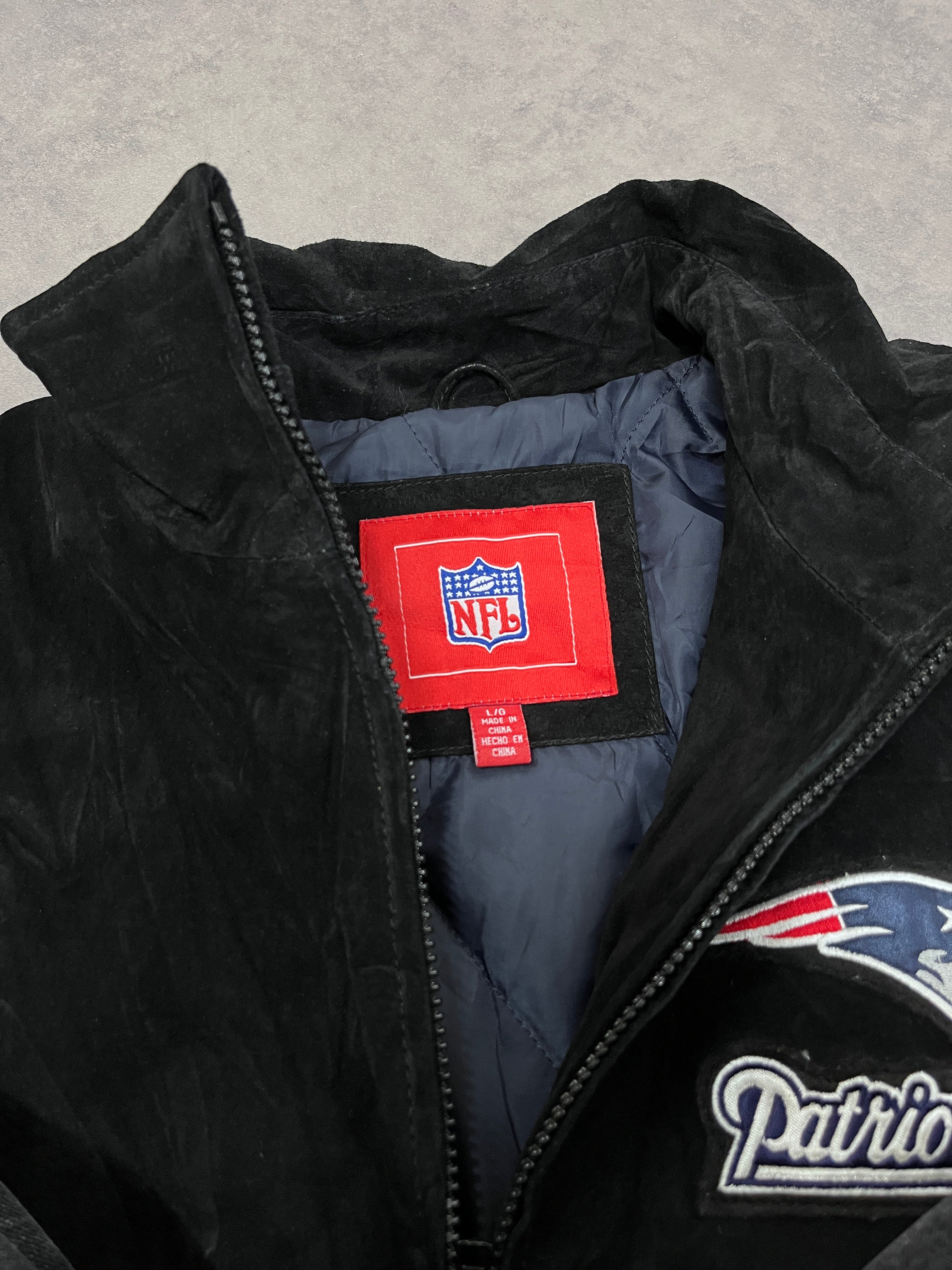 Vintage NFL Patriots Varsity Jacket Leather Black // Large - RHAGHOUSE VINTAGE
