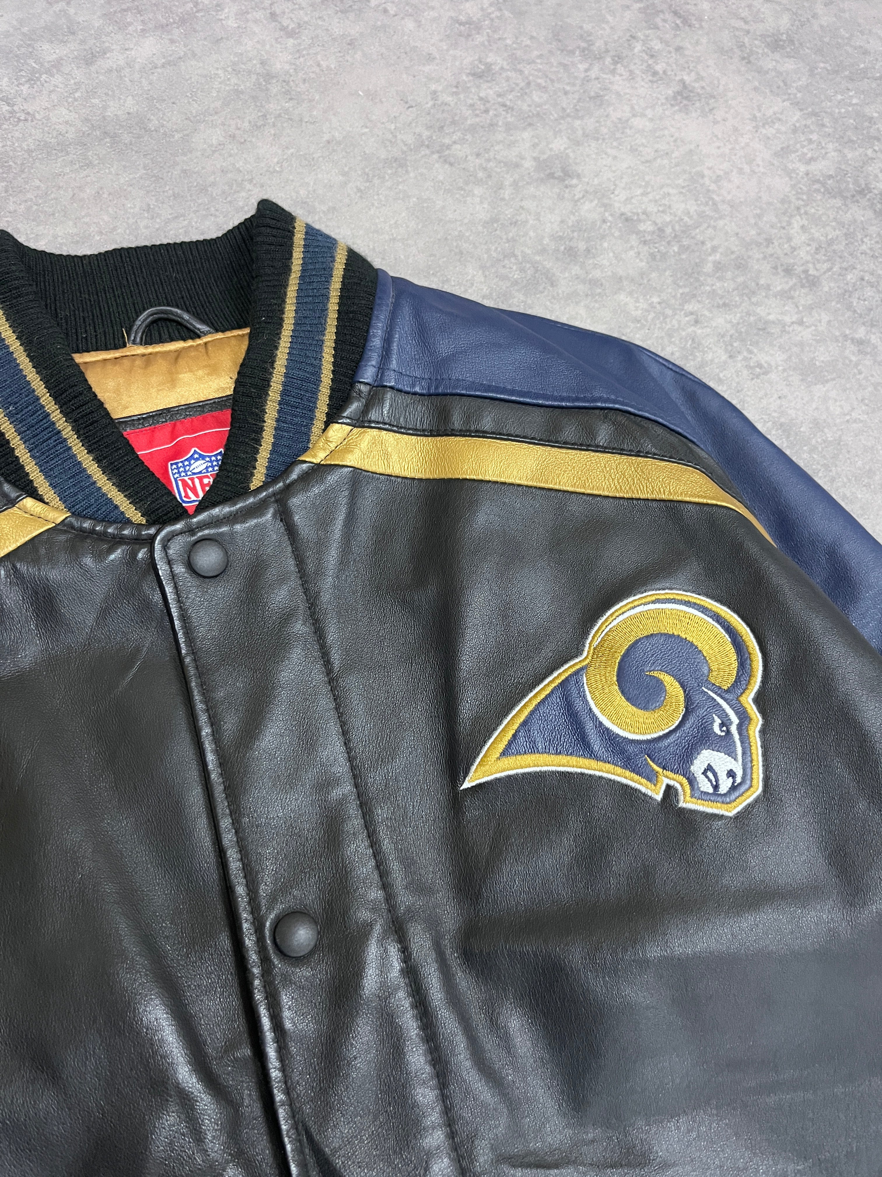 Vintage NFL St. Louis Rams Varsity Jacket Leather Black // Large - RHAGHOUSE VINTAGE