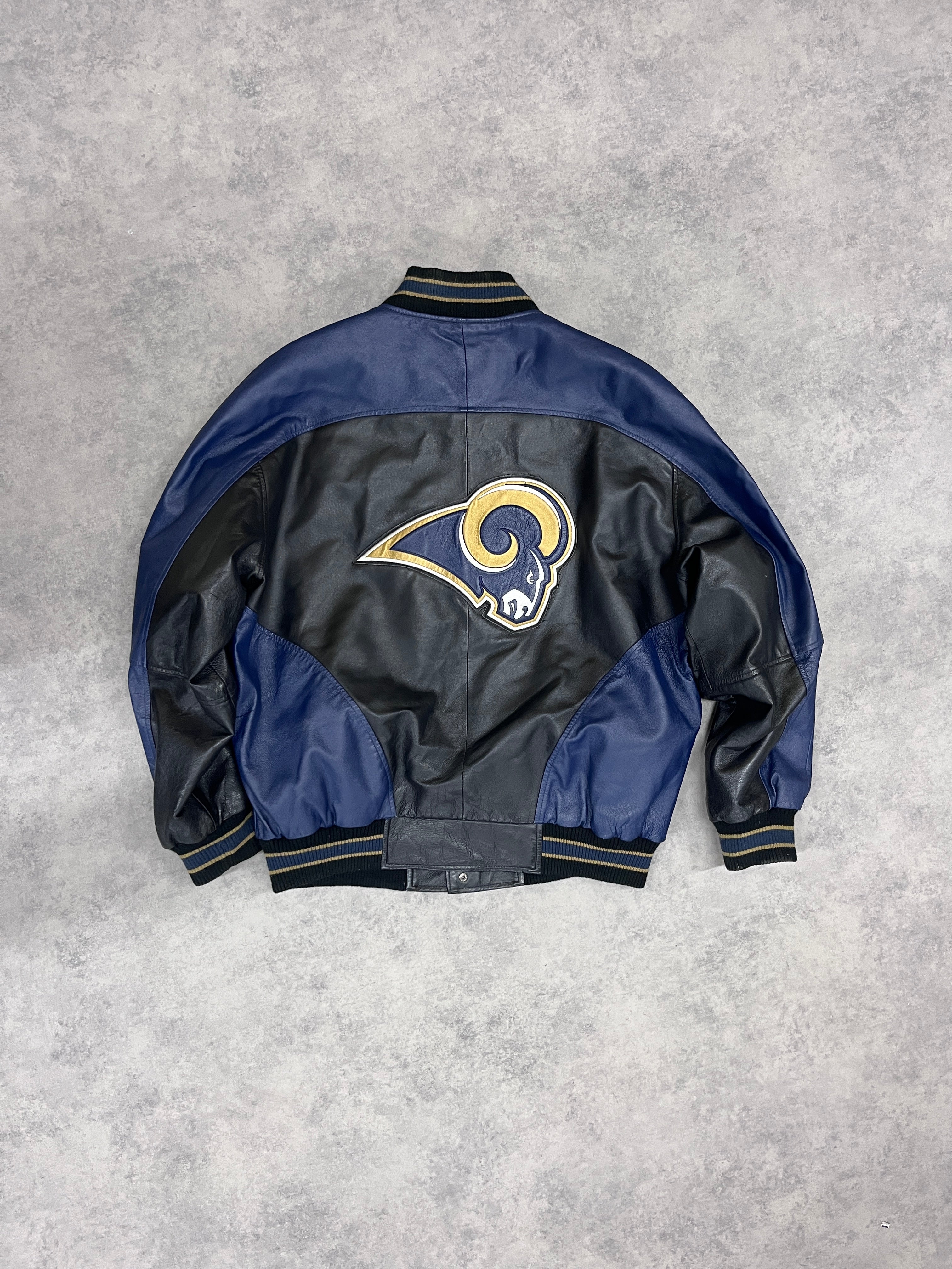 Vintage NFL St. Louis Rams Varsity Jacket Leather Black // Large - RHAGHOUSE VINTAGE