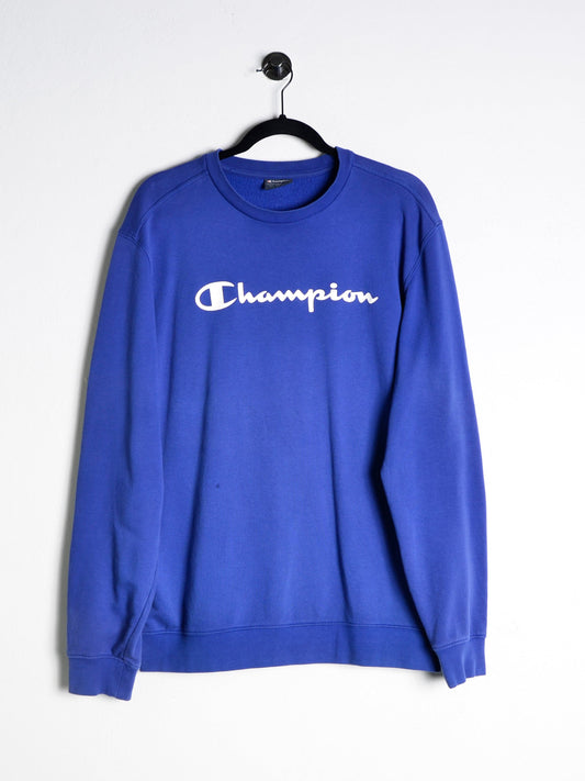 Vintage Champion "Logo" Sweatshirt Blue // Medium - RHAGHOUSE VINTAGE