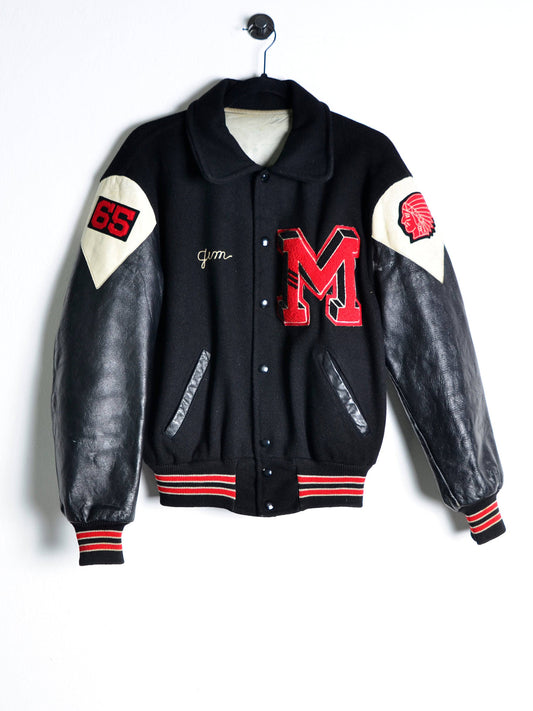 USA Leather College Varsity "M" Jacket Black // X-Small - RHAGHOUSE VINTAGE
